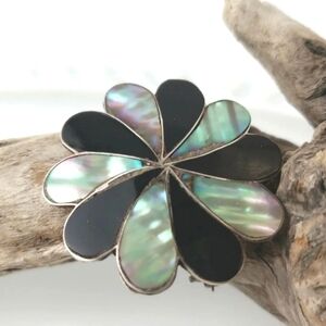VTG Taxco Sterling Floral Brooch / Pendant Onyx And Mother Of Pearl 925